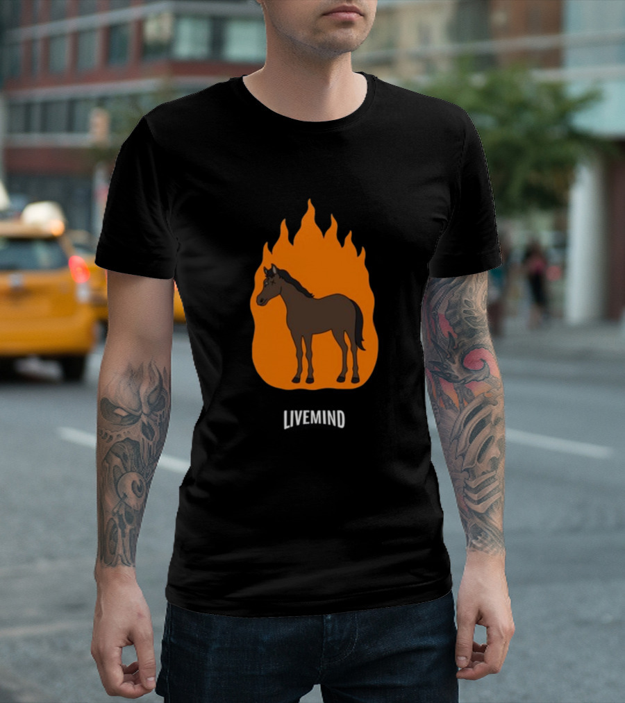 Hivemindtv Livemind Tour Horse In Flame Background T-Shirt