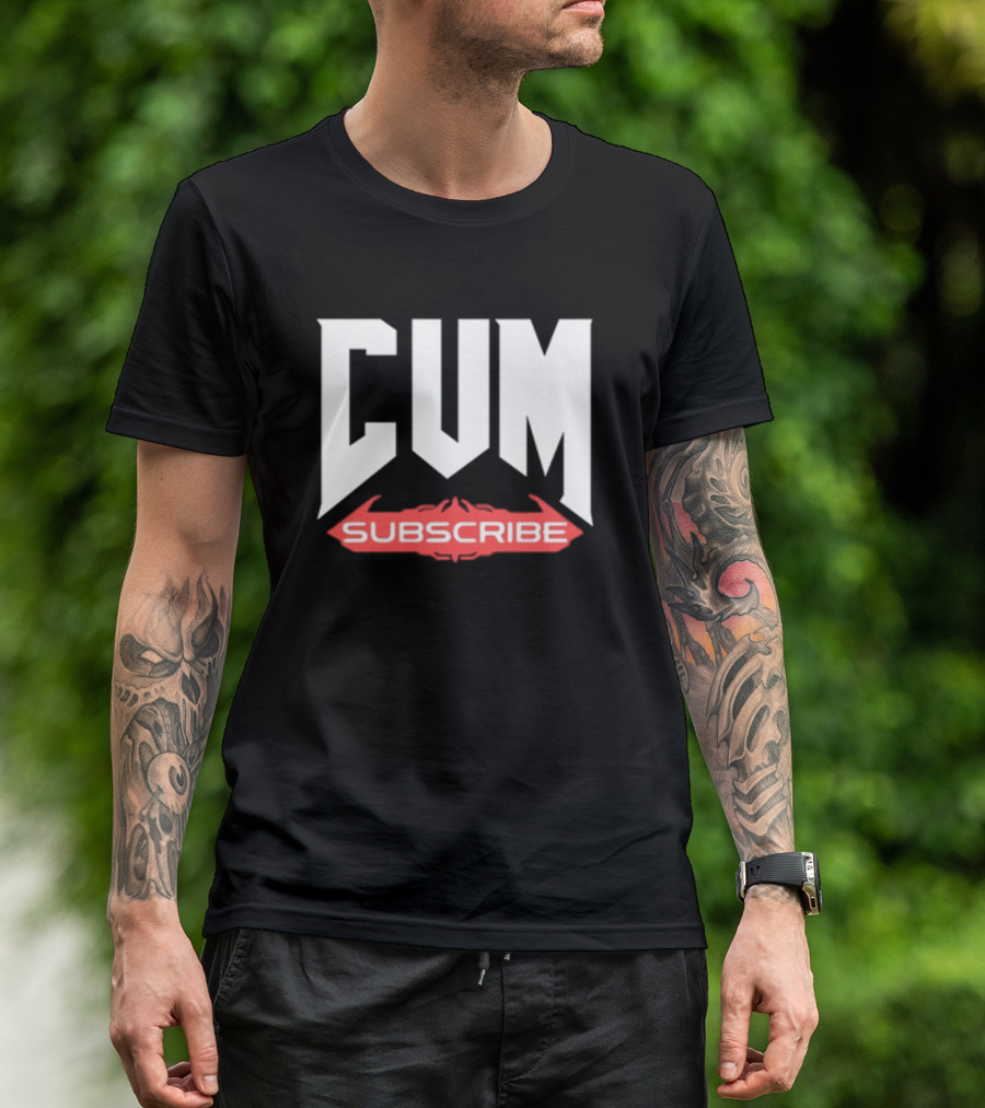 CUM Subscribe Doom Inspired Logo Gaming Meme T-Shirt