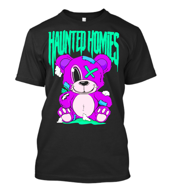 HAUNTED HOMIES Purple Teddy Bear Crossed Eye Patchwork T-Shirt