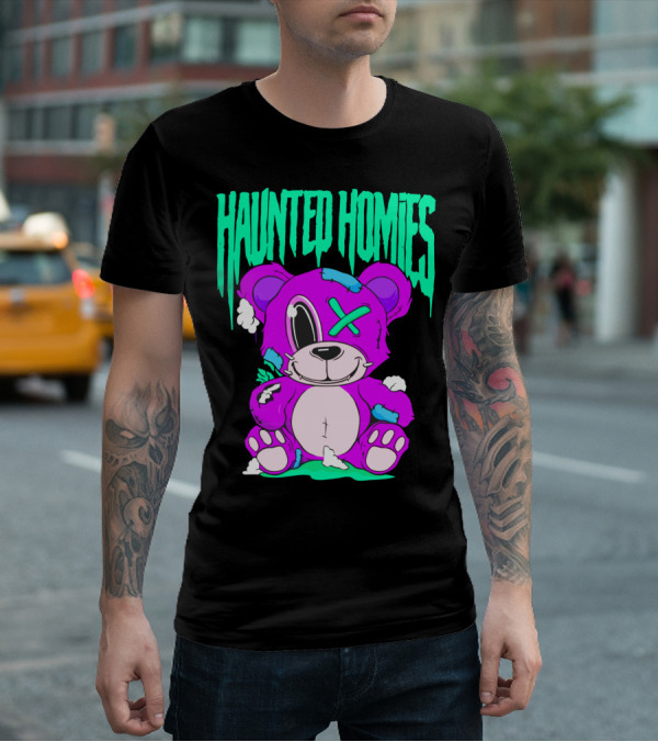 HAUNTED HOMIES Purple Teddy Bear Crossed Eye Patchwork T-Shirt