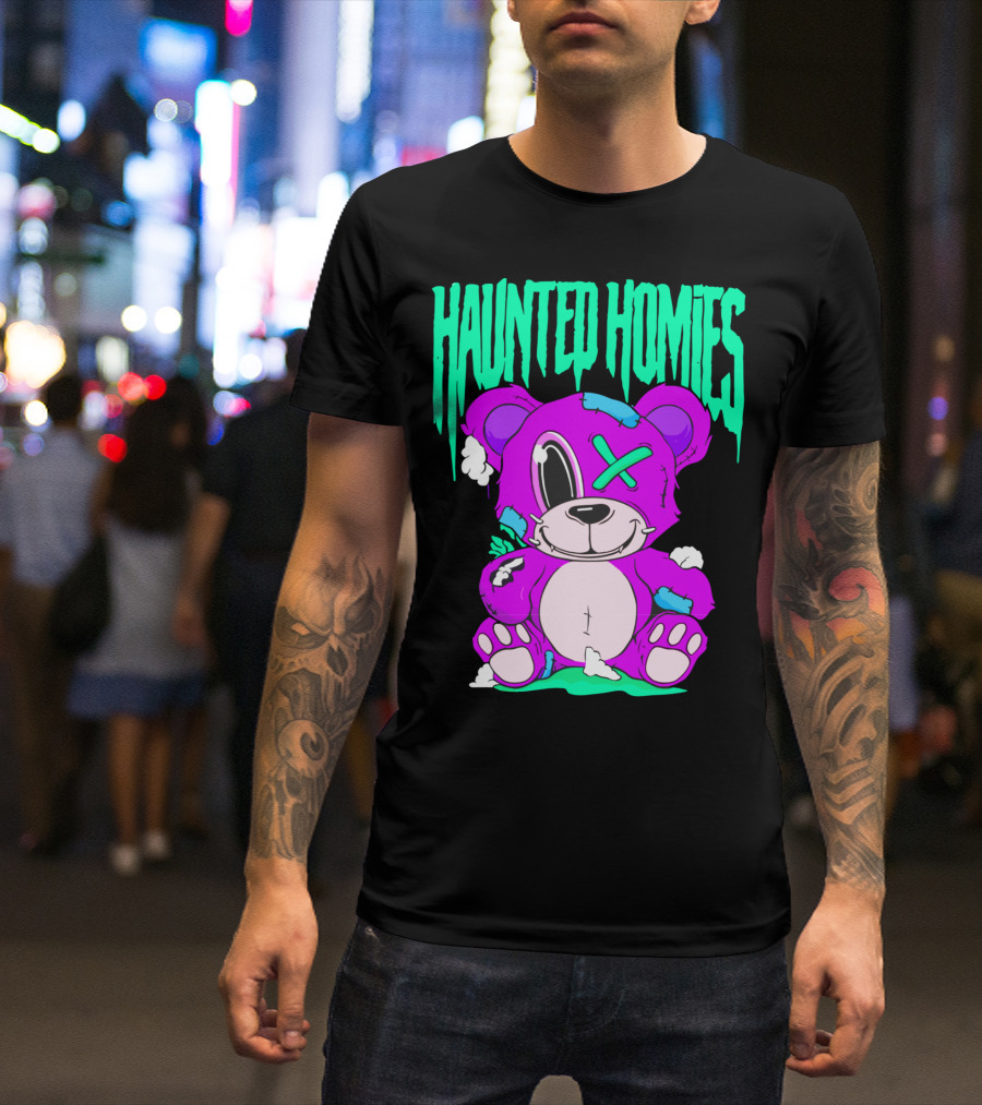 HAUNTED HOMIES Purple Teddy Bear Crossed Eye Patchwork T-Shirt