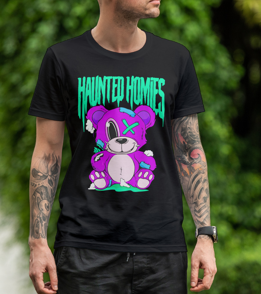 HAUNTED HOMIES Purple Teddy Bear Crossed Eye Patchwork T-Shirt