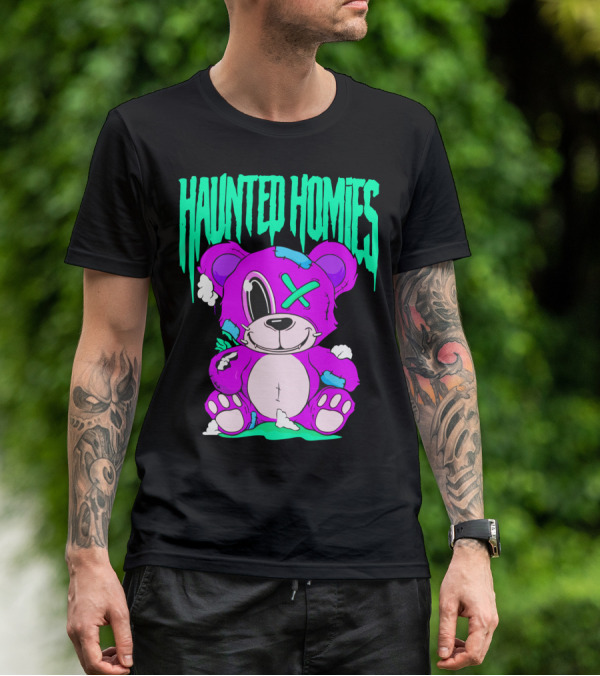 HAUNTED HOMIES Purple Teddy Bear Crossed Eye Patchwork T-Shirt