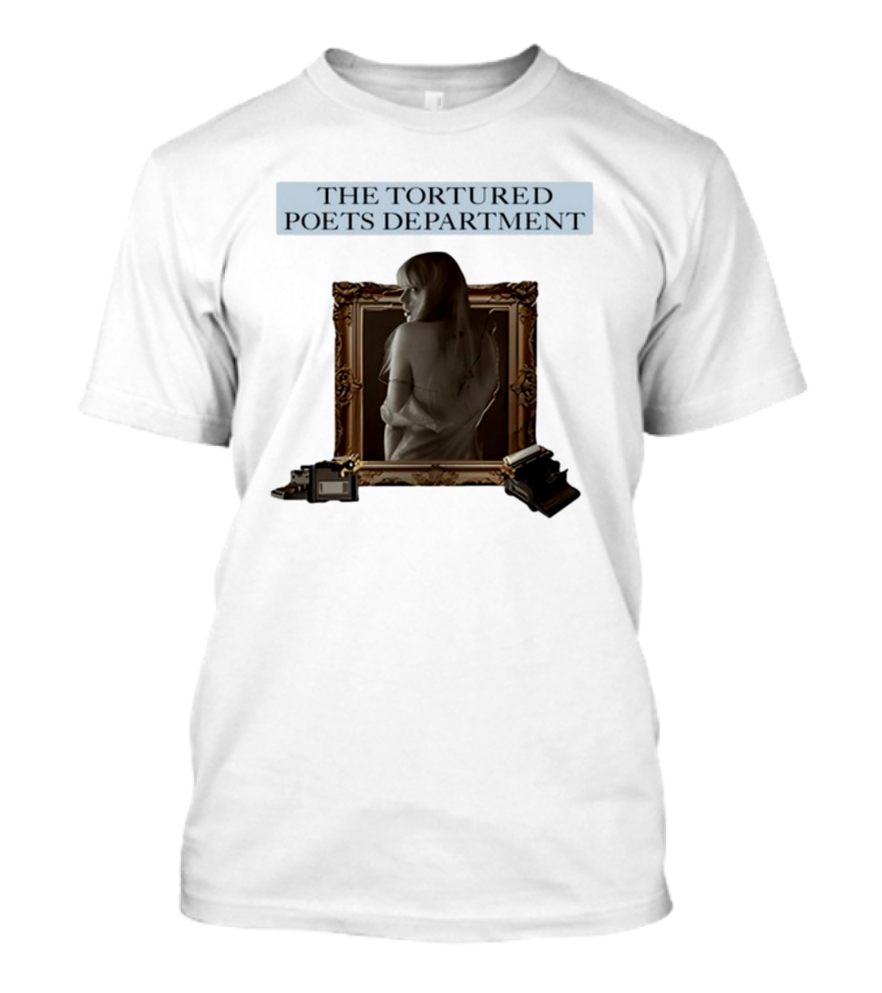 Chartsandshirts The Tortured Poets Department Framed Figure With Books And Typewriter T-Shirt