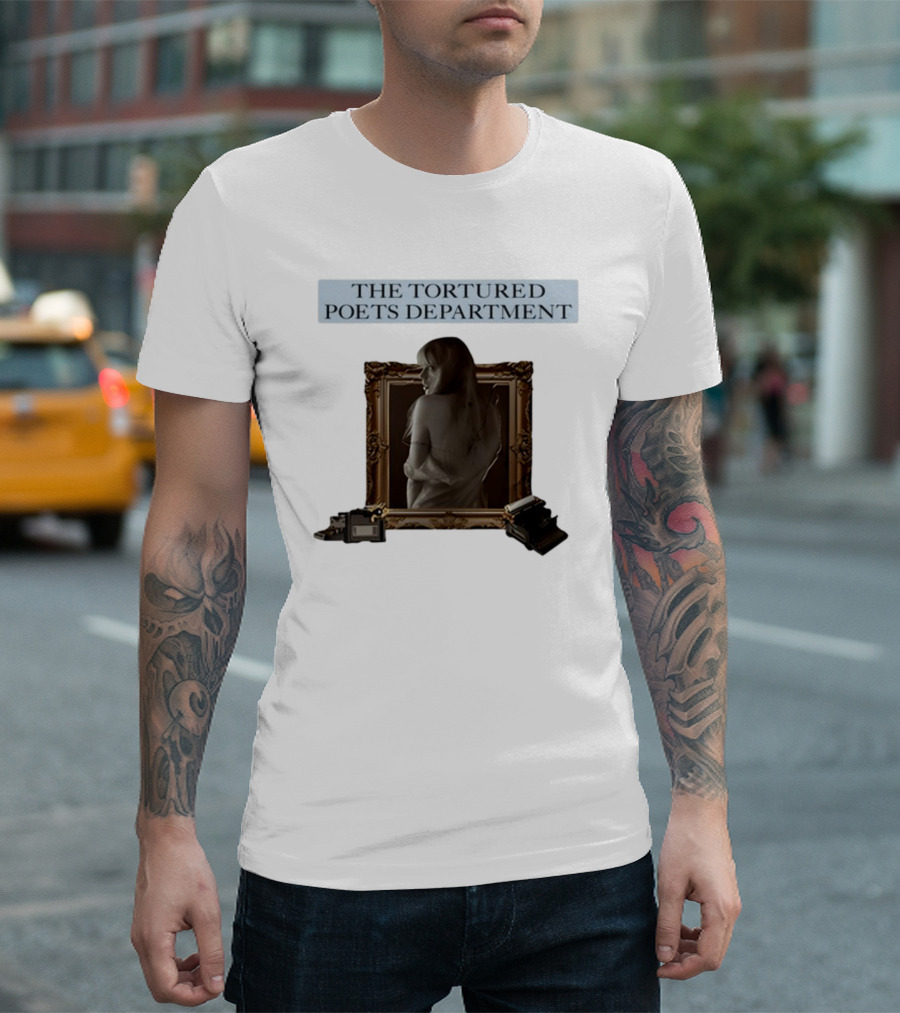Chartsandshirts The Tortured Poets Department Framed Figure With Books And Typewriter T-Shirt