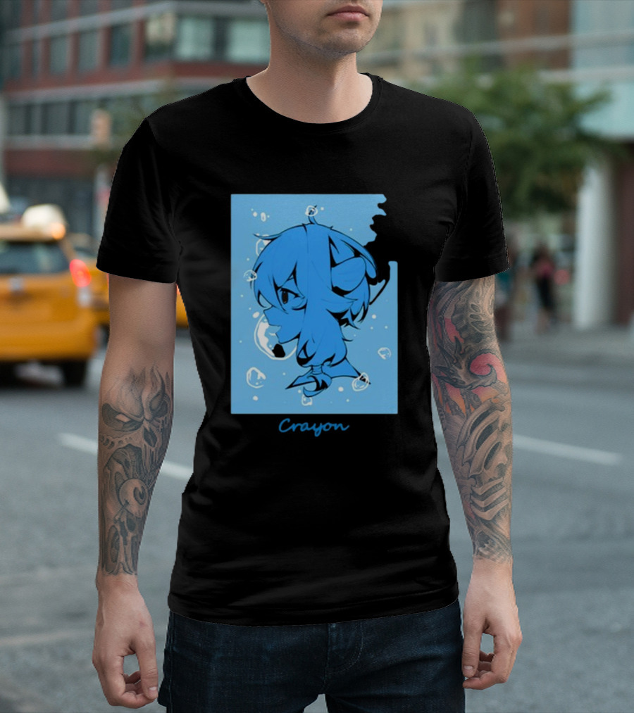 Crayon Submerged Blue Anime Head with Bubbles T-Shirt