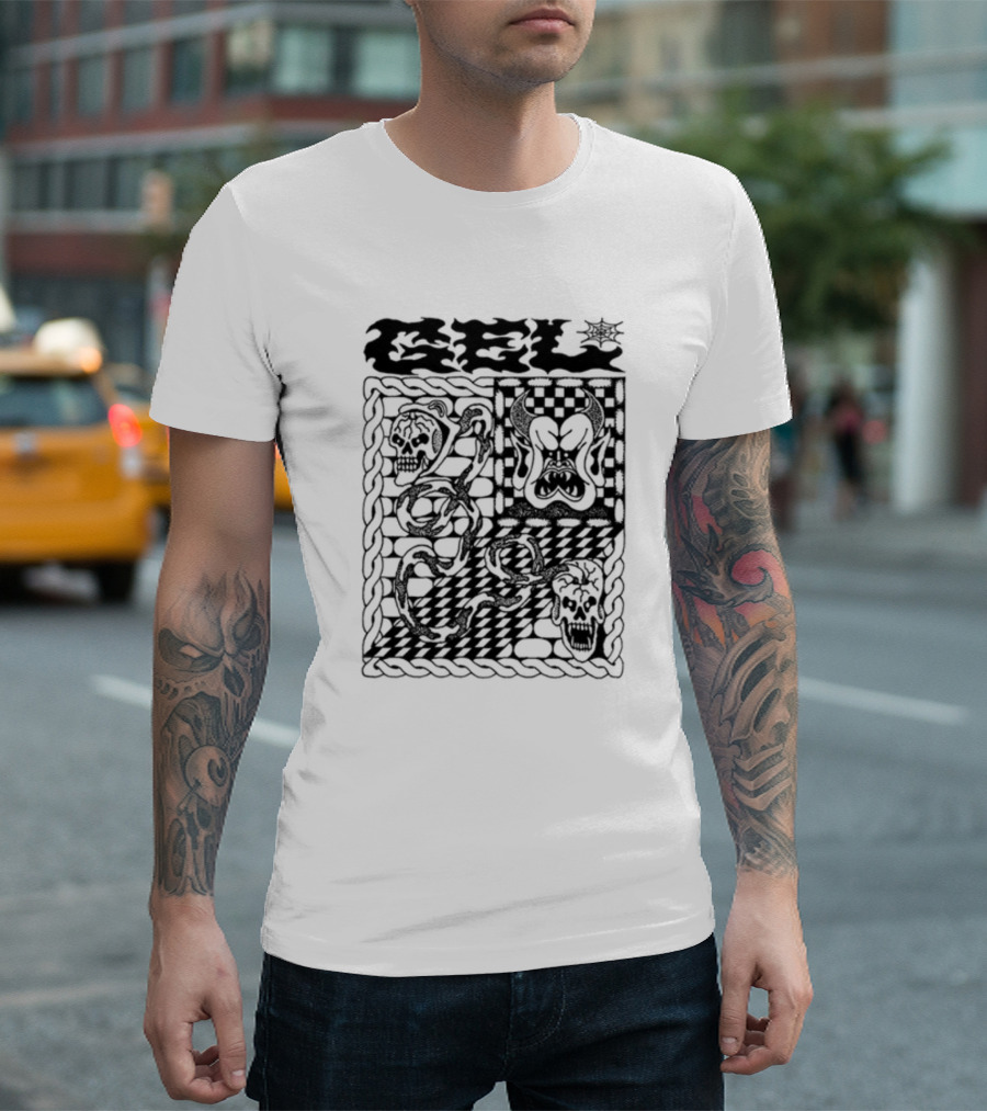 Gel Skull Chains Flames Checkered T-Shirt