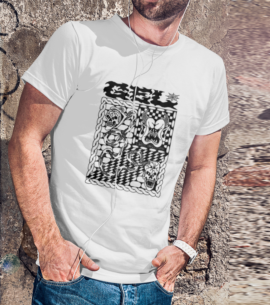 Gel Skull Chains Flames Checkered T-Shirt