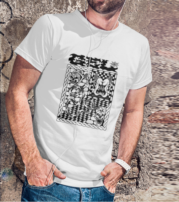 Gel Skull Chains Flames Checkered T-Shirt