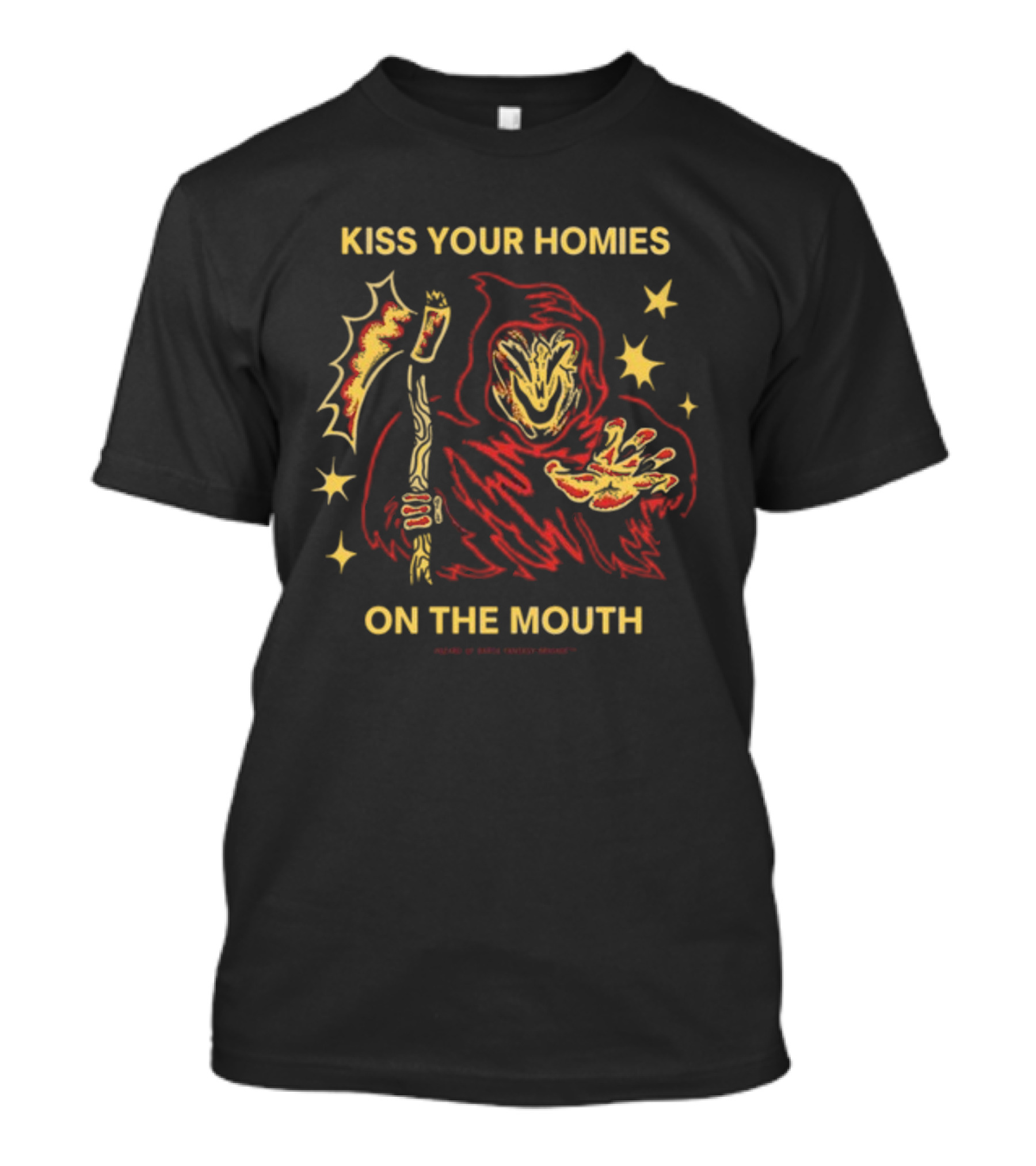 Wizard Of Barge Kiss Your Homies On The Mouth Grim Reaper With Scythe Red Cloak Stars T-Shirt