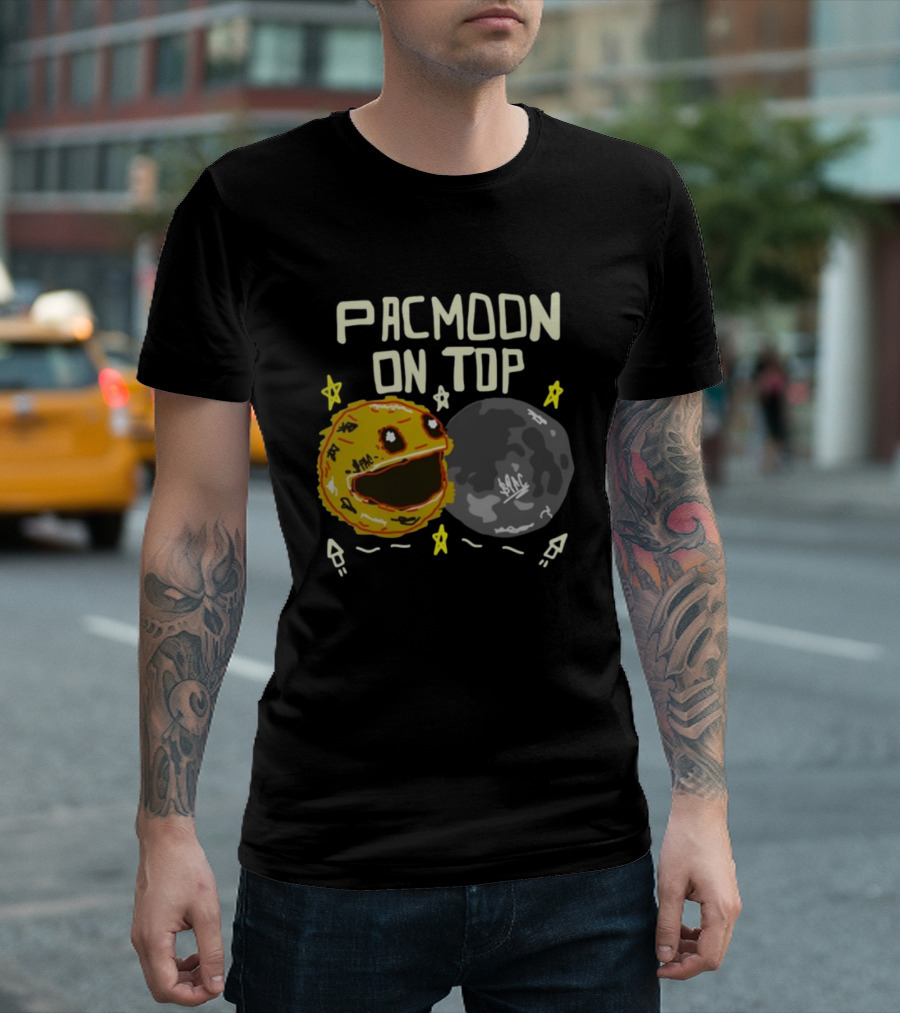 Pacmoon On Top Pacman and Moon with Stars and Arrows T-Shirt