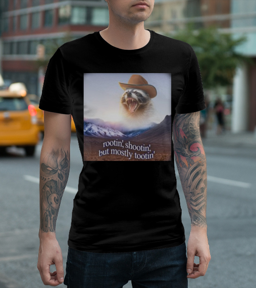 Rootin' Shootin' But Mostly Tootin' Raccoon Cowboy With Hat In Scenic Mountain Sunset T-Shirt