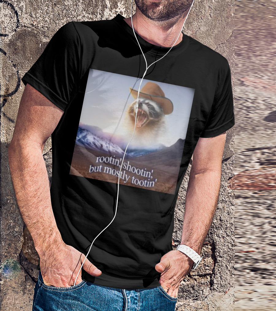 Rootin' Shootin' But Mostly Tootin' Raccoon Cowboy With Hat In Scenic Mountain Sunset T-Shirt