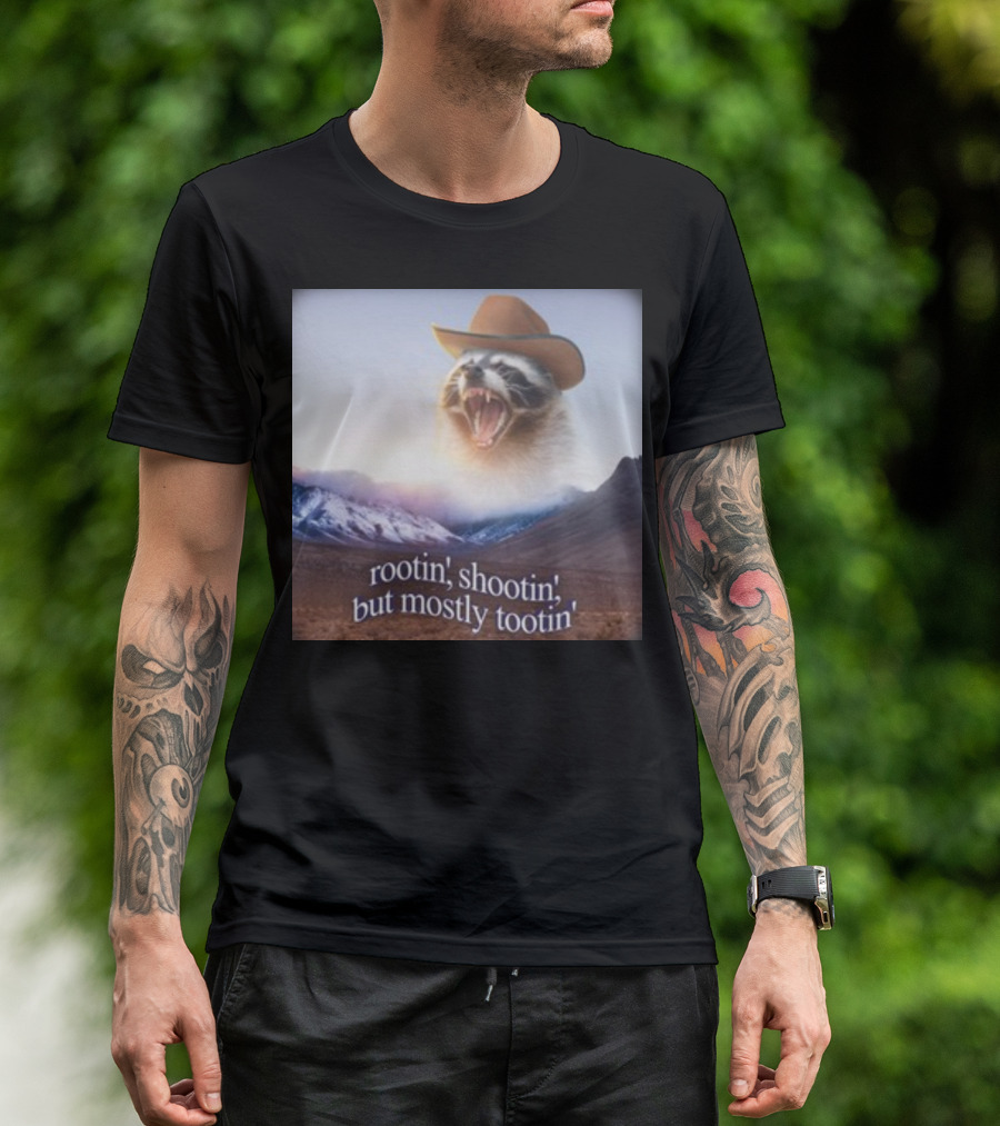 Rootin' Shootin' But Mostly Tootin' Raccoon Cowboy With Hat In Scenic Mountain Sunset T-Shirt