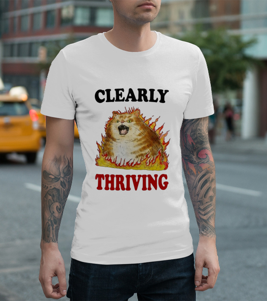 CLEARLY THRIVING Fluffy Cat in Flames T-Shirt