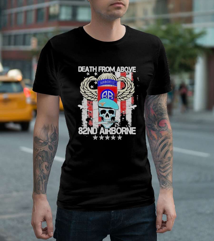 Death From Above Skull with Wings 82nd Airborne Paratrooper Badge and Stars T-Shirt