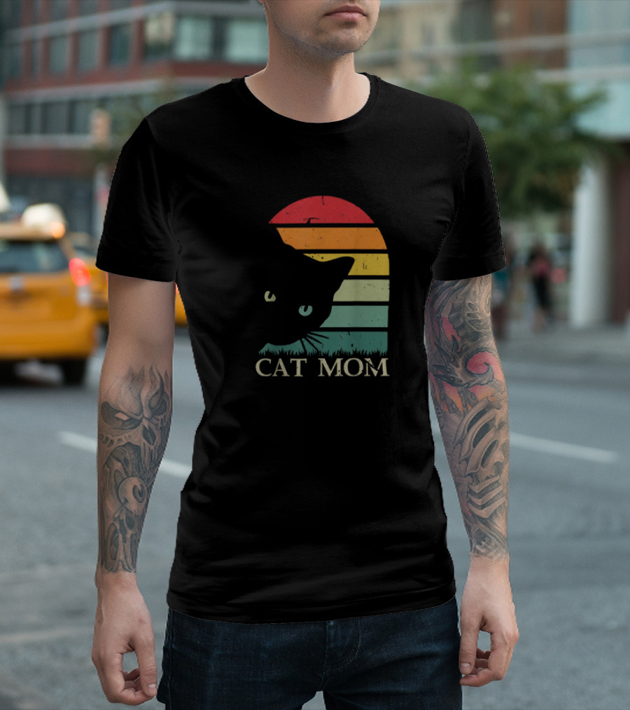 Vintage Cat Mom for Women Funny Cat Mom Mother Retro Sunset Cat T-Shirt