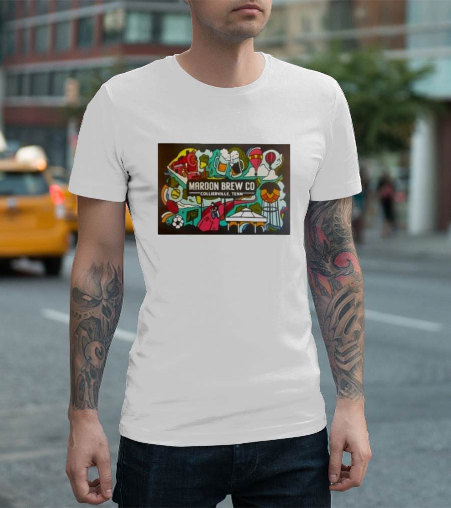 Maroon Brew Co Collierville Tenn Colorful Iconic Beer and Hot Air Balloon T-Shirt