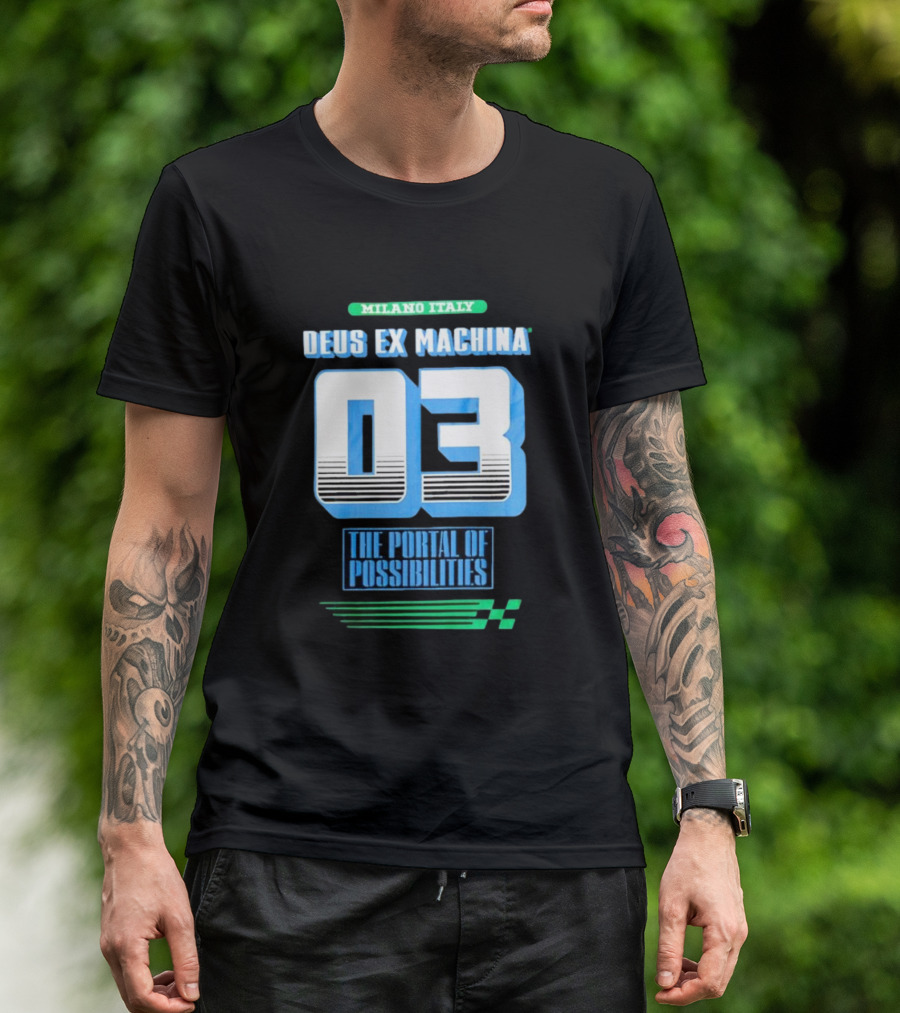 Milano Italy Deus Ex Machina 03 The Portal Of Possibilities Racing Number T-Shirt