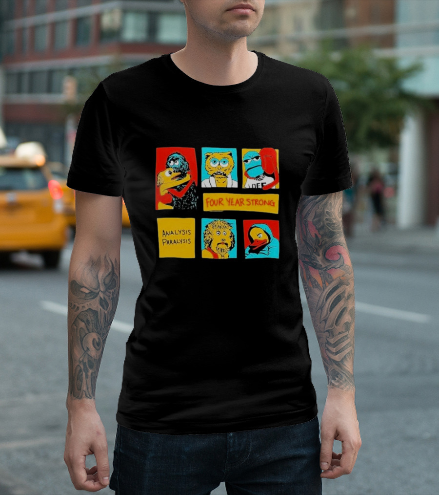 Four Year Strong Analysis Paralysis Characters In Colorful Panels T-Shirt