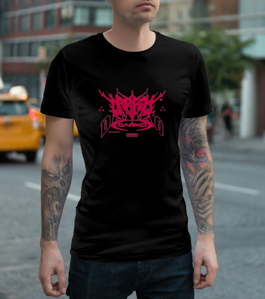 Darko Starfire Brutal Logo Art with Fiery Abstract Typography T-Shirt