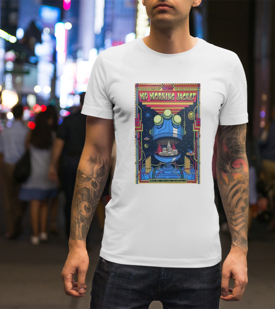 My Morning Jacket The Fillmore San Francisco May 27 2024 Psychedelic Robot Cityscape T-Shirt