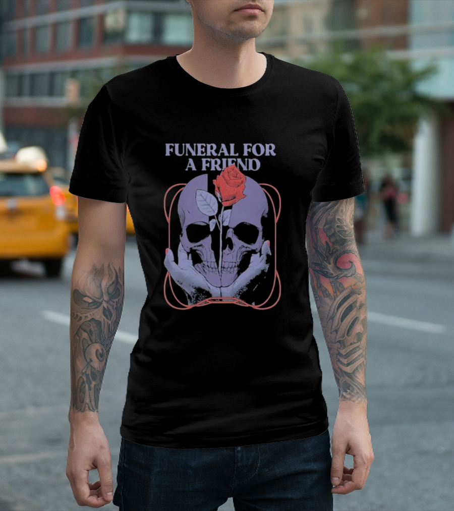FUNERAL FOR A FRIEND SKULL ROSE DOUBLE HAND HOLDING SYMBOLISM T-Shirt