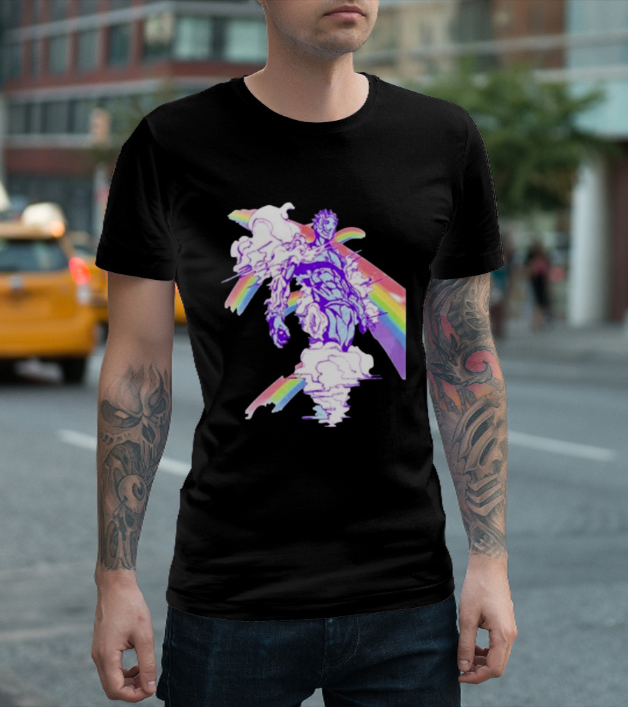 Hoshipieces Weather 9oz Manga Style Purple Cloud Man with Rainbow Elements T-Shirt