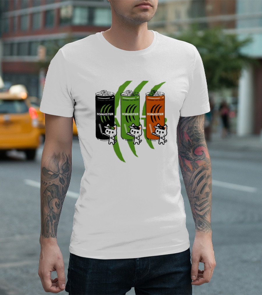 Laundry Cat Drink Nyanster Cans with Three Cats T-Shirt