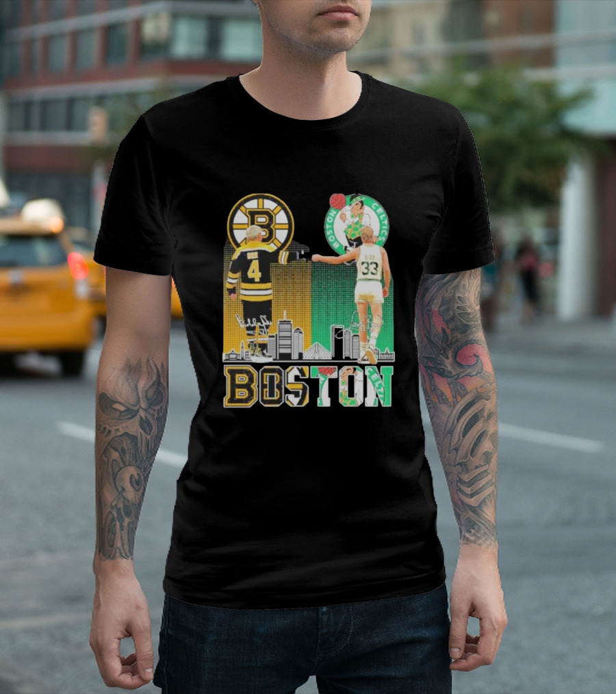 Bobby Orr Boston Bruins Larry Bird Boston Celtics Skyline Signatures Logos and Boston Text T-Shirt