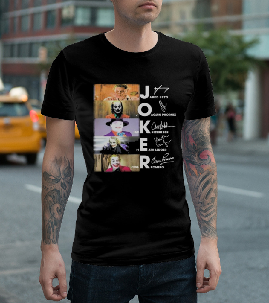 Joker Jared Leto Joaquin Phoenix Jack Nicholson Heath Ledger Cesar Romero Signatures DC Comics Movies All Stars Eras T-Shirt