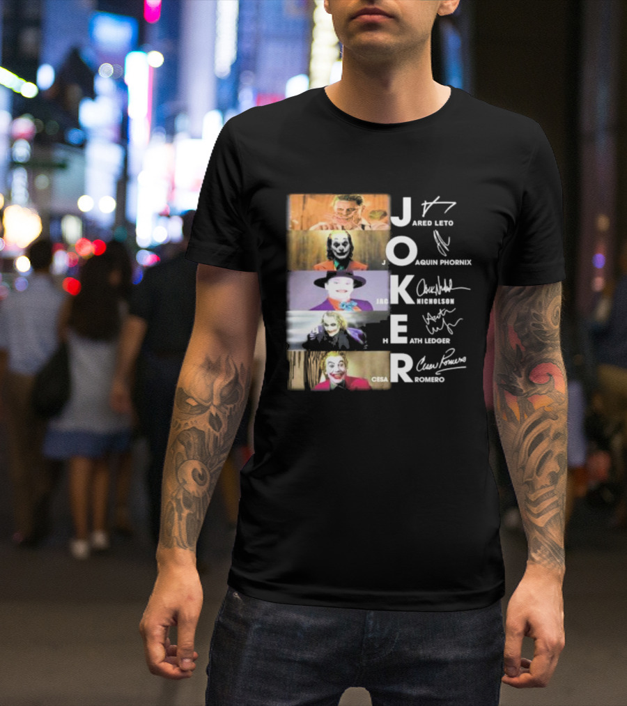 Joker Jared Leto Joaquin Phoenix Jack Nicholson Heath Ledger Cesar Romero Signatures DC Comics Movies All Stars Eras T-Shirt