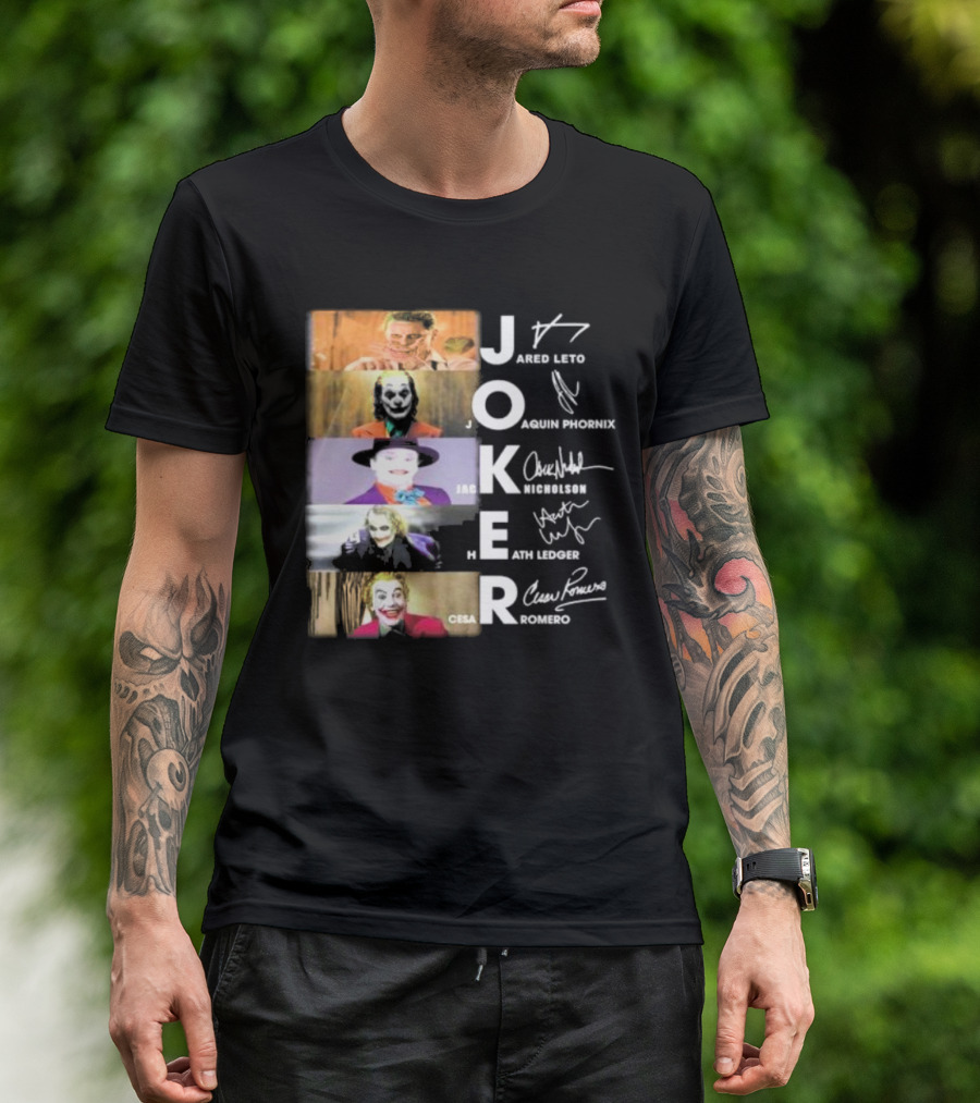 Joker Jared Leto Joaquin Phoenix Jack Nicholson Heath Ledger Cesar Romero Signatures DC Comics Movies All Stars Eras T-Shirt