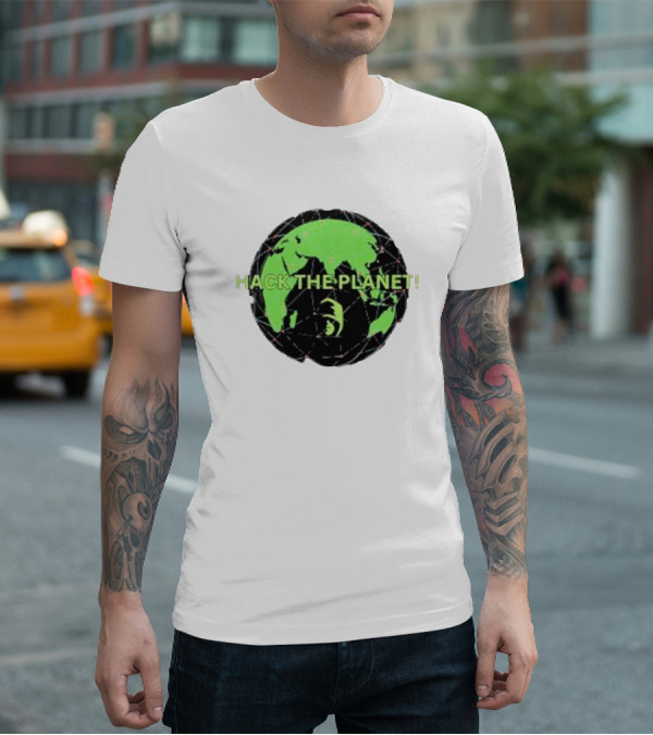 Hack The Planet Green And Black Globe Motif T-Shirt