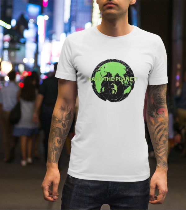 Hack The Planet Green And Black Globe Motif T-Shirt
