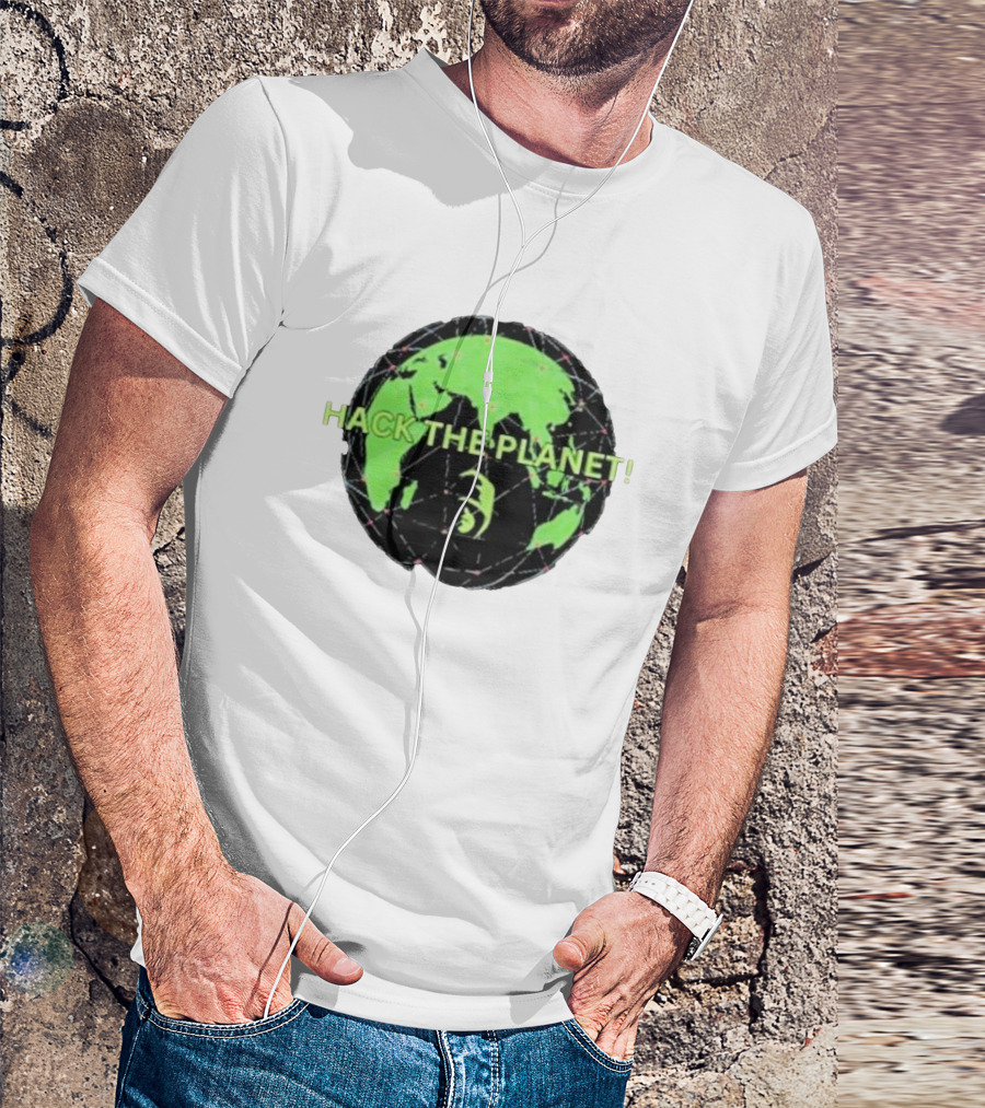 Hack The Planet Green And Black Globe Motif T-Shirt