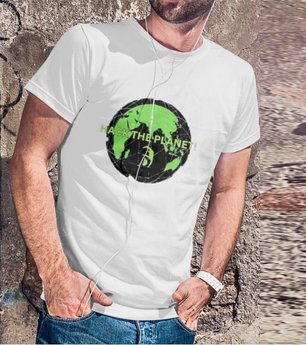 Hack The Planet Green And Black Globe Motif T-Shirt