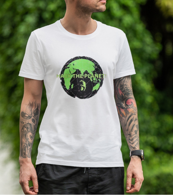 Hack The Planet Green And Black Globe Motif T-Shirt