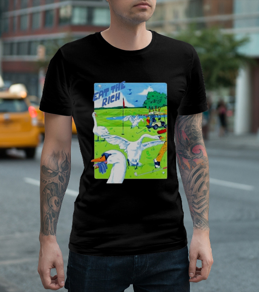 Eat The Rich Golf Swans in Vibrant Green Field T-Shirt