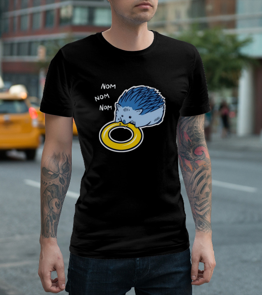 Sam Logan Hungry Blue Hedgehog Nom Nom Nom Eating Yellow Ring T-Shirt
