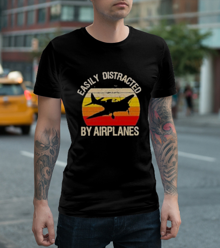 Easily Distracted By Airplanes Vintage Sunset T-Shirt