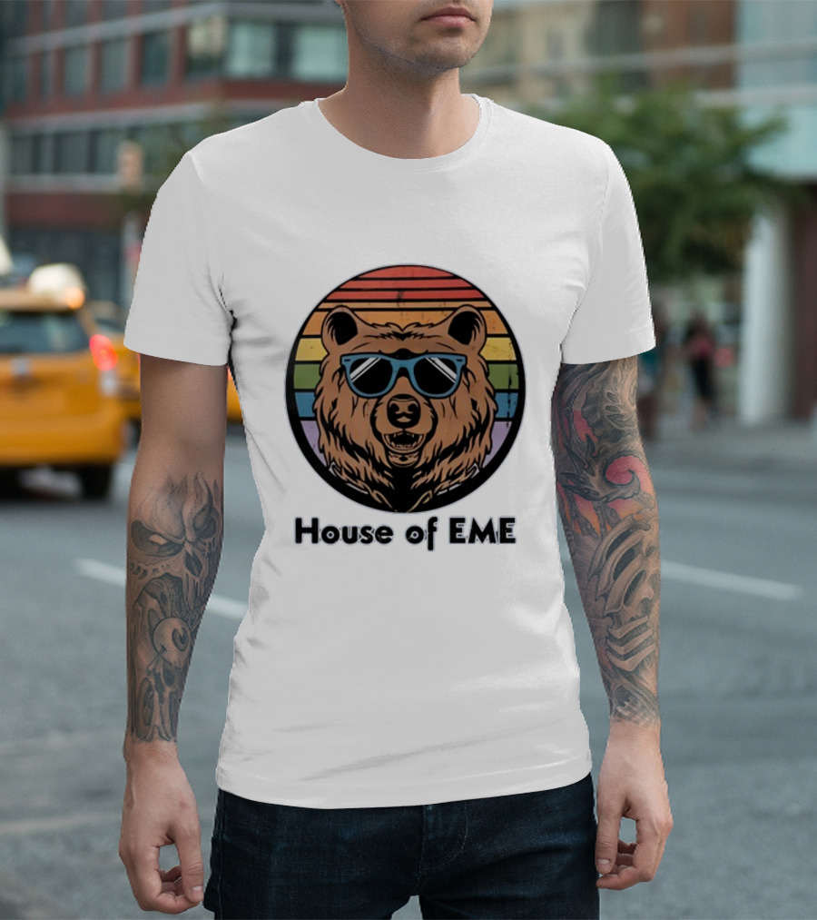 Migs Santillan House Of EME Bear Logo Sunglasses Rainbow Background T-Shirt