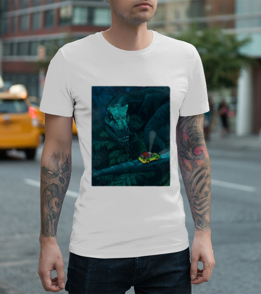 Jurassic Park T-Rex And SUV Night Scene Rainy Adventure T-Shirt