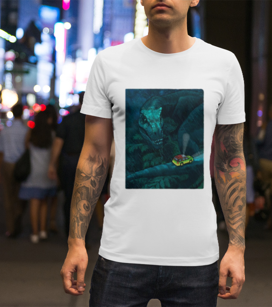 Jurassic Park T-Rex And SUV Night Scene Rainy Adventure T-Shirt