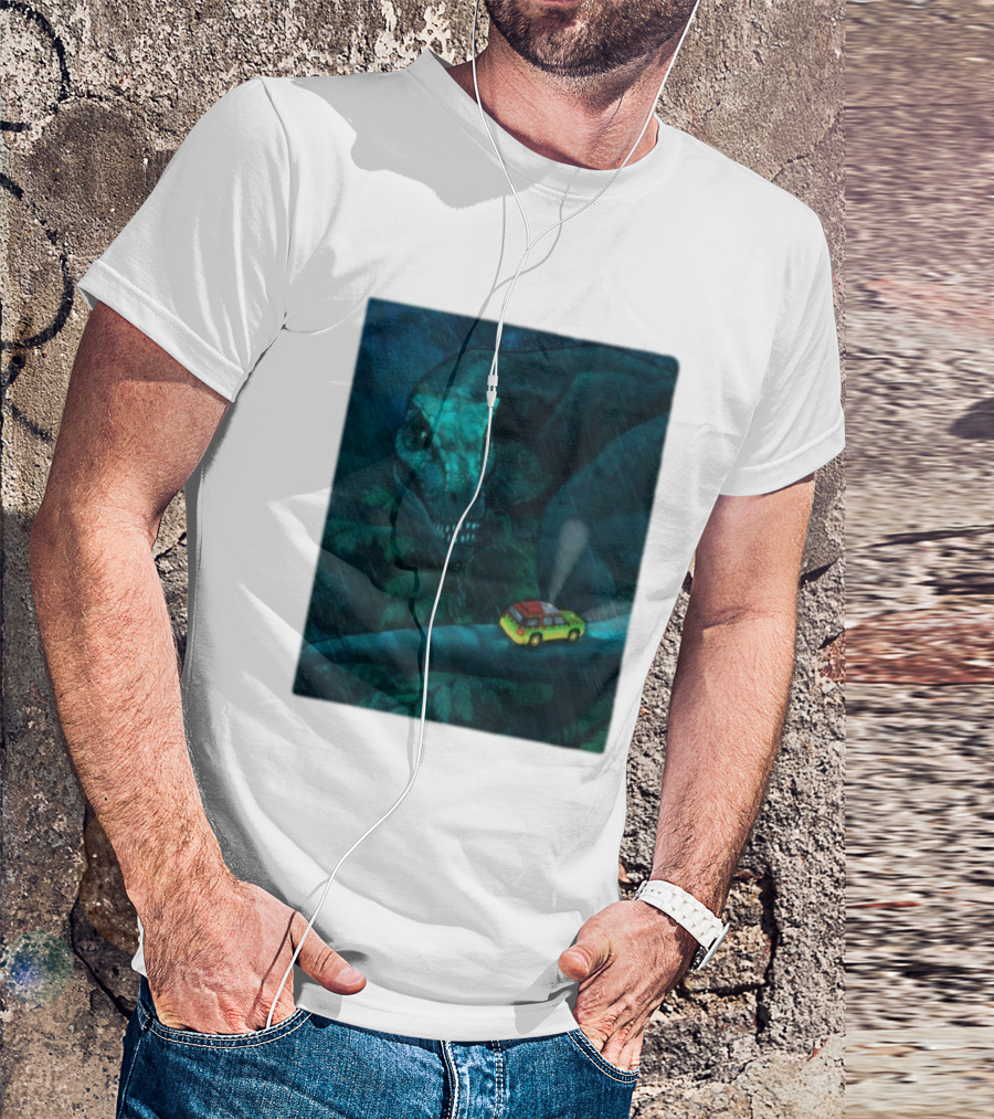 Jurassic Park T-Rex And SUV Night Scene Rainy Adventure T-Shirt