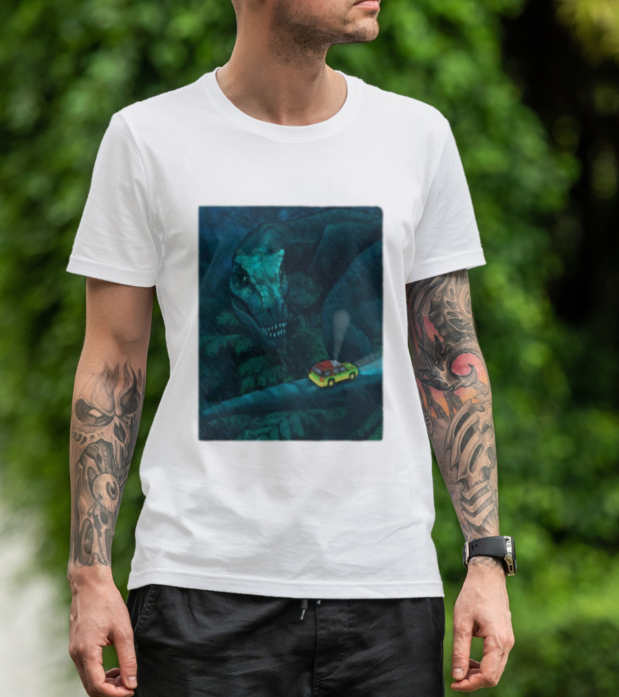 Jurassic Park T-Rex And SUV Night Scene Rainy Adventure T-Shirt