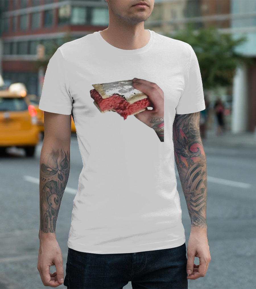 Man Holding Uncooked Meat Sandwich with Tattoos T-Shirt
