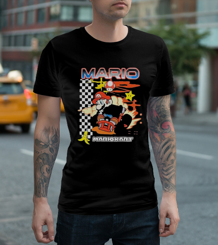 Mario Kart Racing Finish Line Checkered Flag Banana Stars T-Shirt