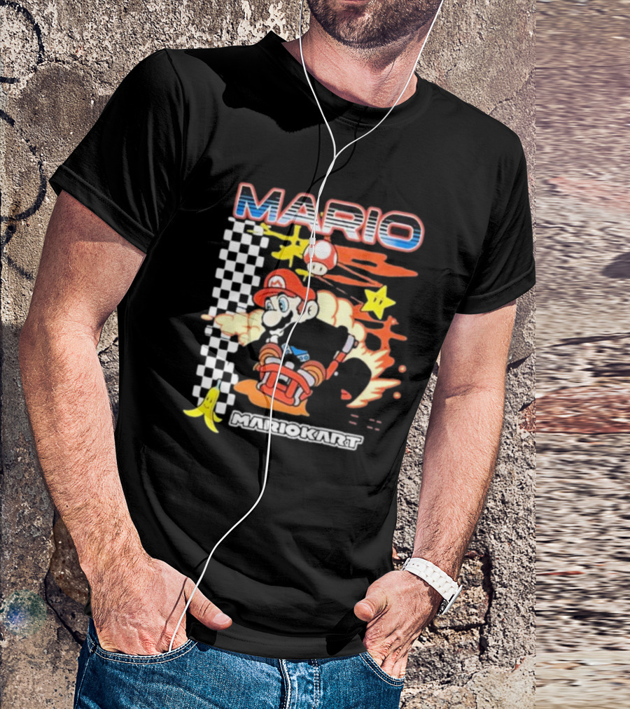 Mario Kart Racing Finish Line Checkered Flag Banana Stars T-Shirt