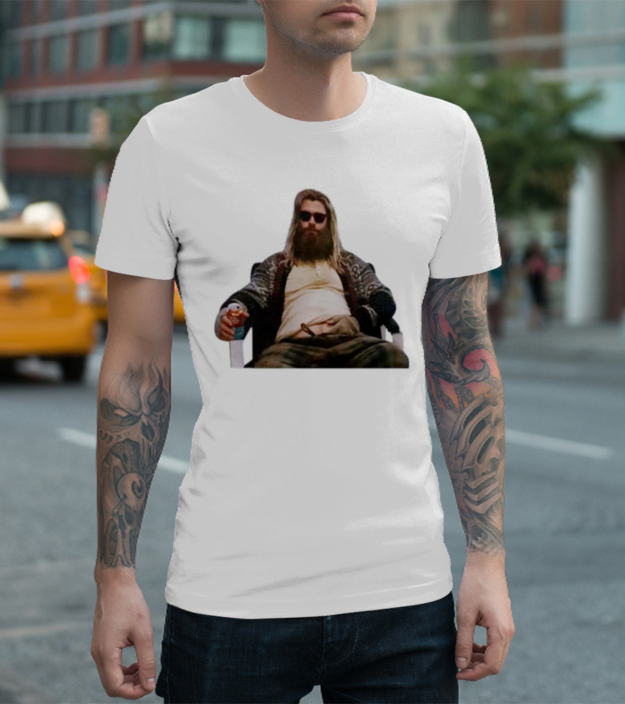 Marvel Avengers Endgame Fat Thor Sitting Relaxed with Drink T-Shirt